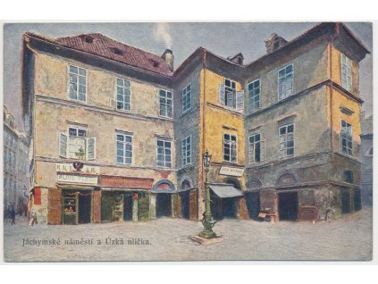 49 - Praha, Jáchymské náměstí a Úzká ulička, dle mal. J. Minaříka, cca 1910