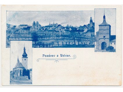 27 - Kladensko, Velvary, 3 záběrová koláž, kostel, celk. pohled...., 1898