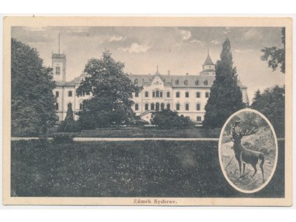 32 - Liberecko, Sychrov, koláž, pohled na zámek, jelen, cca 1931