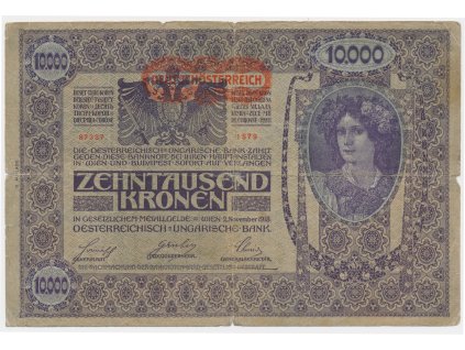 Rakousko-Uhersko, 10000 Koruna, 1918, přetisk Deutschösterreich, oběhový stav