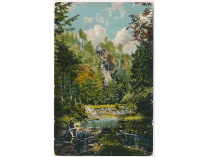 57 - Rychnov nad Kněžnou, vyhlídka Svatý Ivan, oživená partie u řeky, 1916