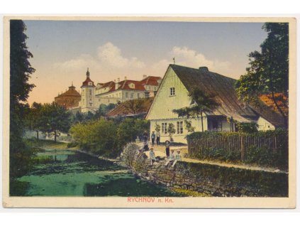 57 - Rychnov nad Kněžnou, Zámek, Oživená partie u řeky, cca 1919