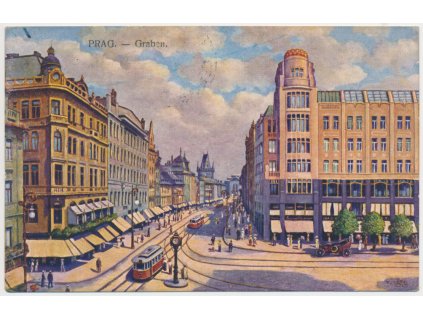 49 - Praha, Příkopy (Graben), oživená ulice, tramvaje, cca 1922