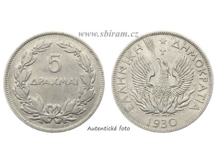 Řecko, mince 5 Drachma, 1930, stav 1/1...viz autentické foto