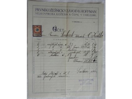 Chrudim, hlavičkový účet kožešiny Hoffman, 1910