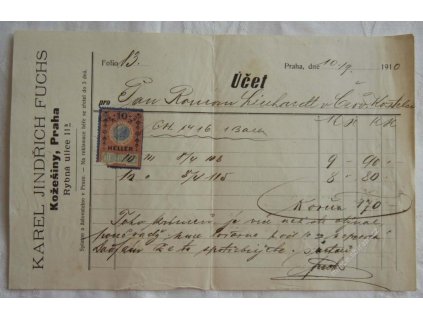 Praha, hlavičkový účet kožešiny Fuchs, 1910