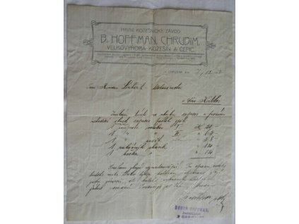 Chrudim, hlavičkový účet kožešiny Hoffman, 1913