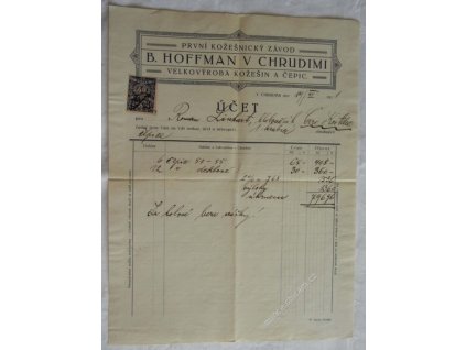 Chrudim, hlavičkový účet kožešiny Hoffman, 1921