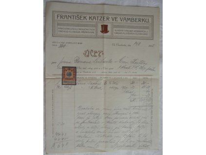 Vamberk, hlavičkový účet kloboučnictví Katzer,1915