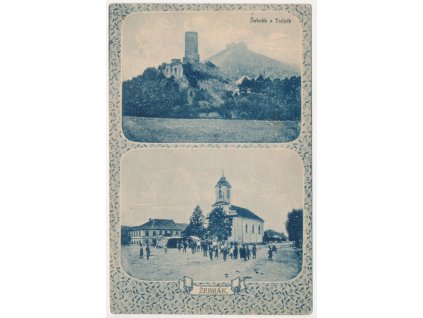 02 - Berounsko, Žebrák, 2 záběrová koláž, hrady, oživené náměstí, 1934