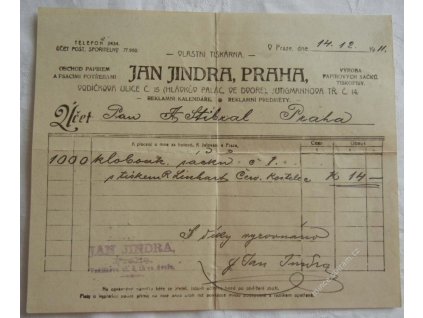 Praha, hlavičkový účet papír, psací potřeby Jindra