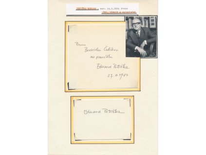 Petiška Eduard (1924-1987), český spisovatel, sběratelský list s vl. podpisem