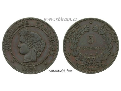 Francie, mince 5 Centimes, 1897 A, stav 1/1...viz autentické foto