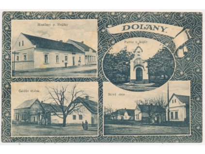 29 - Kolínsko, Dolany, 4 záběrová koláž, mj. Hostinec, Statek, Kaplička..., 1919