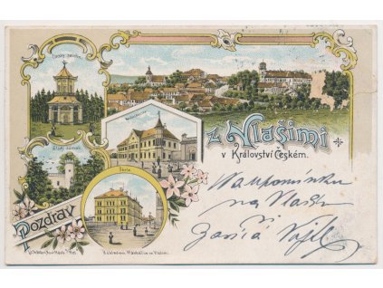 01 - Benešovsko, Vlašim, 5-ti záběrová koláž dominant města, 1900