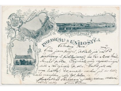 27 - Kladensko, Unhošť, 3 záběrová koláž, mj. Laurinova třída, Škola..., 1898
