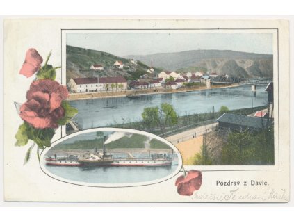 51 - Praha-západ, Davle, 2 záběrová koláž, parník, celkový pohled, 1908