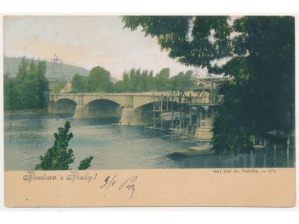 49 - Praha, Nový most císaře Františka Josefa s lešením, 1900