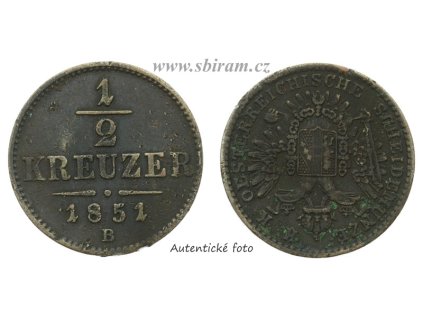 Rakousko - Uhersko, mince 1/2 Krejcar, 1851 B...viz autentické foto