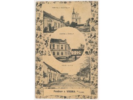 34 - Lounsko, Vrbno nad Lesy, 3 záběrová koláž, oživená ulice, kostel, škola, 1921