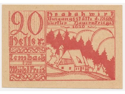 Rakousko, nouzová bankovka 20 h, Lembach, 1920, krásný stav UNC