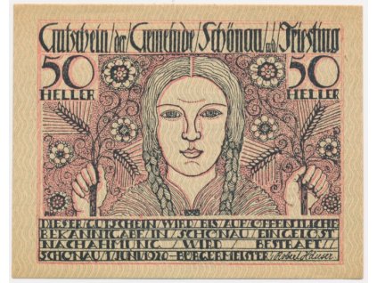 Rakousko, nouzová bankovka 50 h, Schönau an der Triesting, 1920, krásný stav UNC