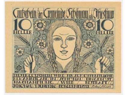 Rakousko, nouzová bankovka 10 h, Schönau an der Triesting, 1920, krásný stav UNC