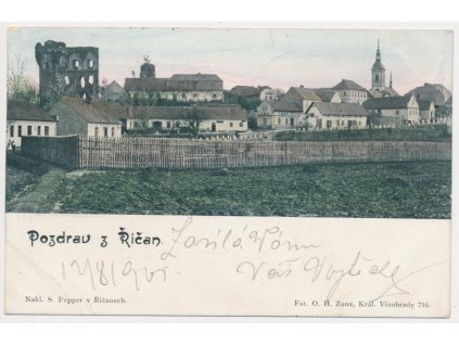 50 - Praha-východ, Říčany, pohled na město, prošlá poštou 1901