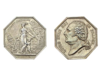 Francie, pamětní medaile z roku 1818 z doby vlády Ludvíka XVIII, rozměry 33 x 33 mm, stříbro, ryzost 0,950, váha 21 gramů, 14,01 g, stav 1-/2+