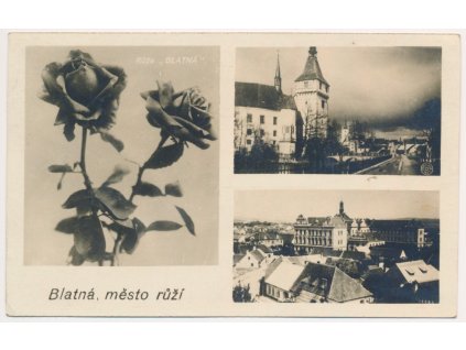 60 - Strakonicko, Blatná, 3 okénková koláž "Blatná, město růží",  1928