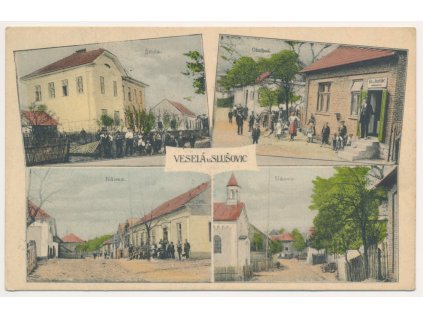 73 - Zlínsko, Veselá, 4 záběr oživených partií, Obchod, Škola, Náves, cca 1920