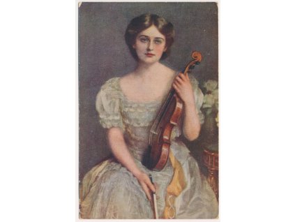 Námětová pohlednice, Dívka s houslemi, cca 1920