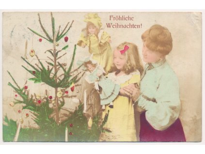 Vánoční přání, Fröhliche Weihnachten!, maminka a dcera u stromečku, cca 1912