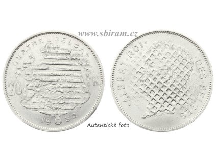 Belgie, mince 20 Franků, 1932, úředně znehodnoceno...viz autentické foto