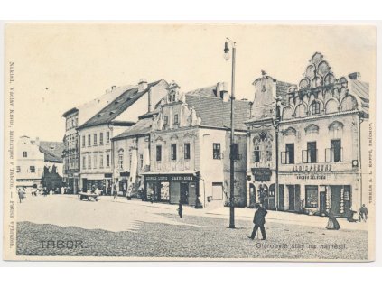 64 - Tábor, oživená partie z náměstí, Obchody, Starobylé štíty, cca 1904