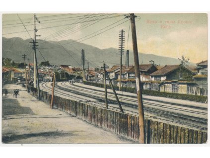 Japonsko, Kóbe, Vlakové nádraží, železnice, domy..., cca 1904