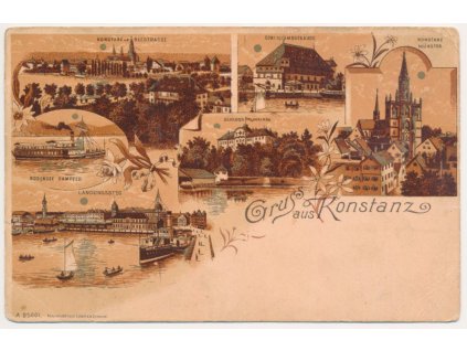 Německo, Konstanz (Kostnice), 6-ti záběrová koláž, cca 1900, vada - natrhlá