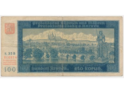Protektorát, 100 K, 1940, série B, neperforovaná, oběhový stav