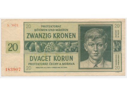 Protektorát, 20 K, 1944, série H, neperforovaná, pěkný oběhový stav