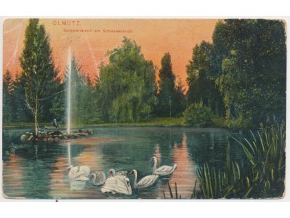 41 - Olomouc, Sommerabend am Schwanenteich, partie s labutěmi,  1916
