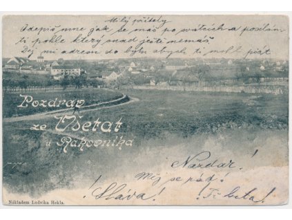 55 - Rakovnicko, Všetaty, celkový pohled na obec, prošlá poštou 1900
