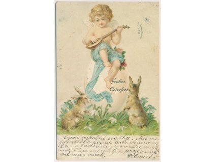 Litografické přání andílka sedícího na velikonočním vejci, cca 1900