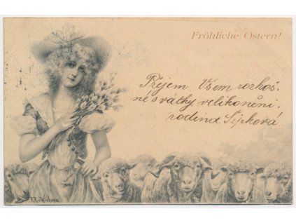 Fröhliche Ostern!, Velikonoční přání s dívkou v klobouku, stádo oveček, 1900