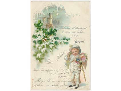 Novoroční litografické přání s andělíčkem, 1901