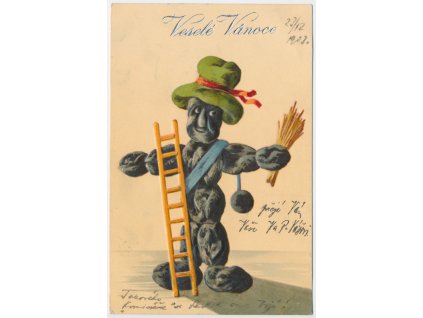 Veselé Vánoce!, Reliéfní koláž kominíčka, cca 1900