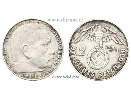 Německo, Ag (stříbrná) mince 2 Marka, 1938 E...viz autentické foto