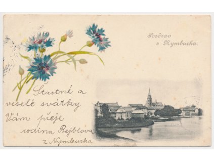 40 - Nymburk, květinová koláž s pohledem na město, cca 1900