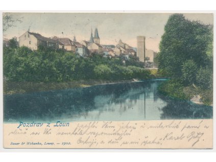 34 - Louny, partie u řeky s pohledem na město, 1902, vada - lom