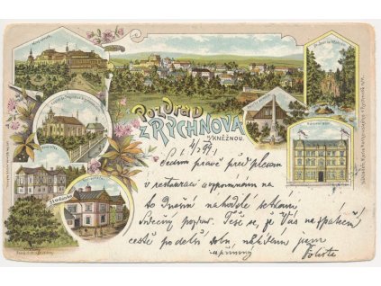 57 - Rychnov nad Kněžnou, 8-mi záběrová litografie s dominantami města, 1899