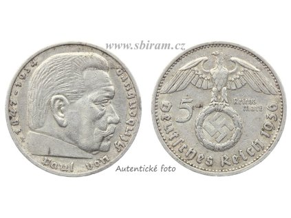 Německo, Ag (stříbrná) mince 5 RM, 1936 E, Hindenburg...viz autentické foto